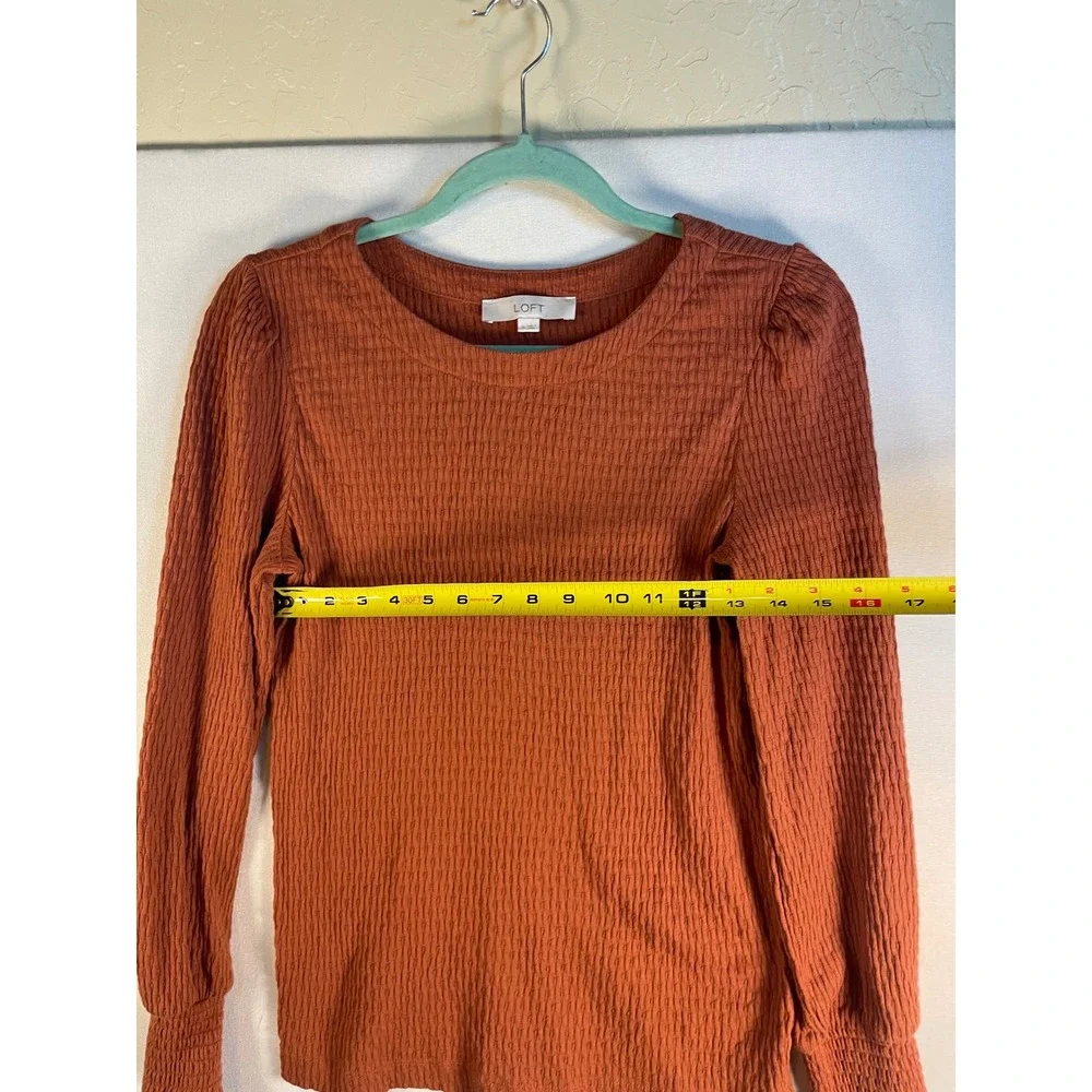 LOFT Womens Rust Orange Textured Puff Sleeve Smocked Cuff Top Medium G115